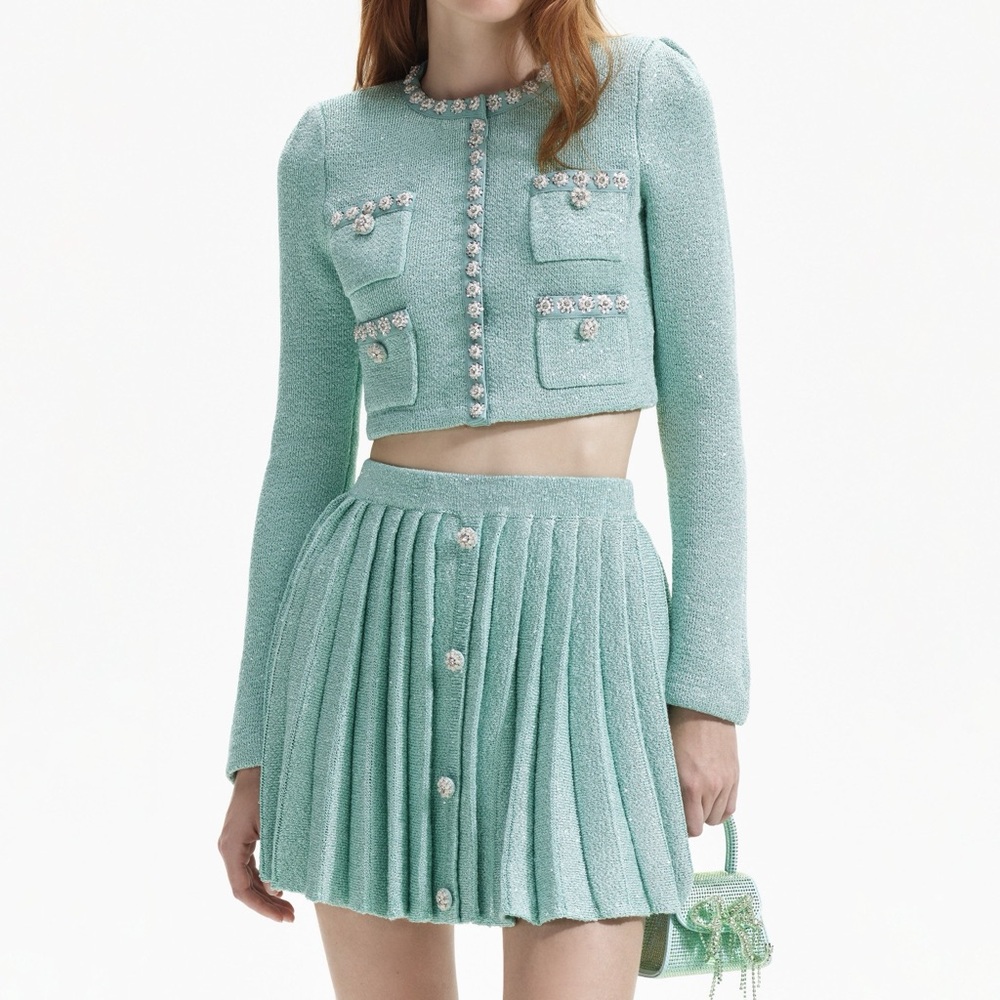 Self Portrait Mint Sequined Knit Cardigan